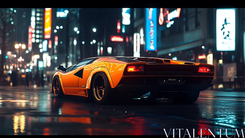 Retro supercar glows against neon city streets at night.