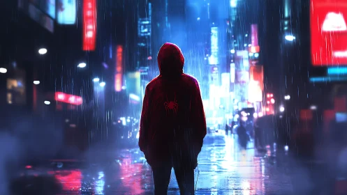 Rain-soaked hero pauses under neon lights in the city night