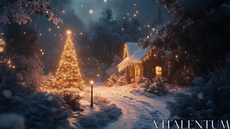 Snow-covered forest cottage is illuminated by seasonal lights