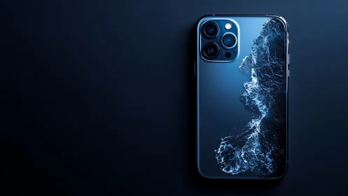 Photorealistic blue smartphone with abstract oceanic glass backplate.