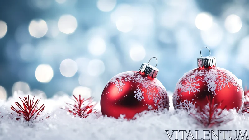 Snow-kissed red baubles basking in dreamy winter glow.