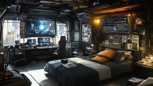 Futuristic hacker bedroom merges comfort with command center.