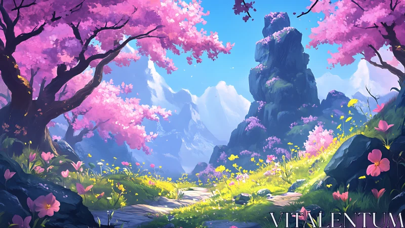 Vibrant cherry blossom valley with sunlit alpine spires.