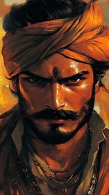 Warrior portrait with intense gaze and fiery palette.