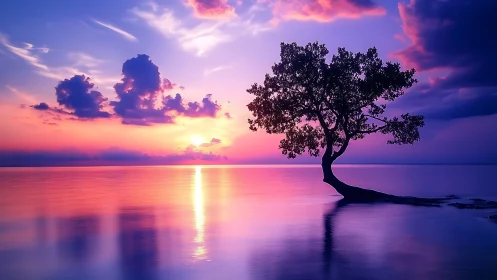Solitary dreamtree basking in neon-tinted twilight waters.