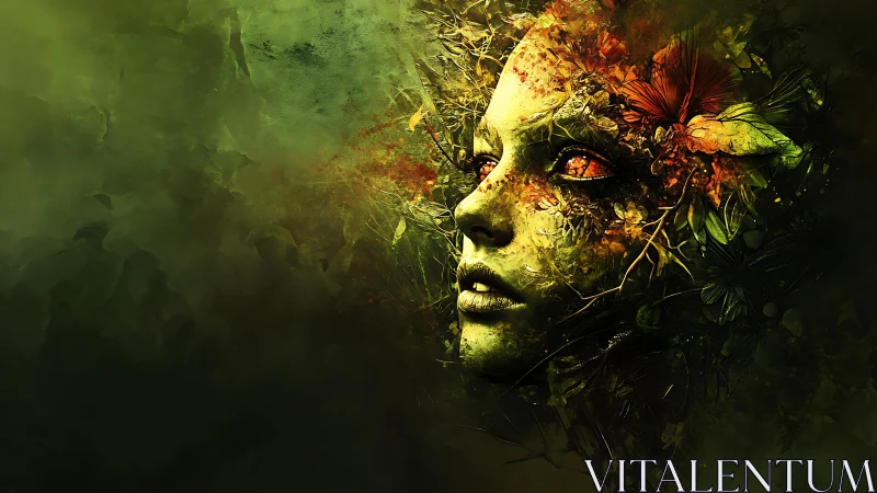 Female face merges with foliage and flowers in dense forest