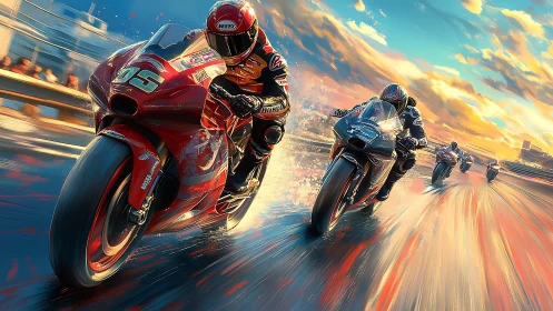 Motorcycle racers slice through neon-lit sunset speedway.
