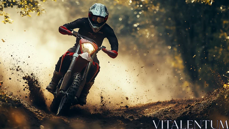 Motorcycle rider traverses dusty off-road forest trail.