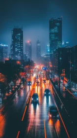 Neon city street glowing softly in the quiet night rain.