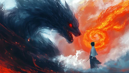 Elemental duel with spectral wolf in dynamic digital painting.
