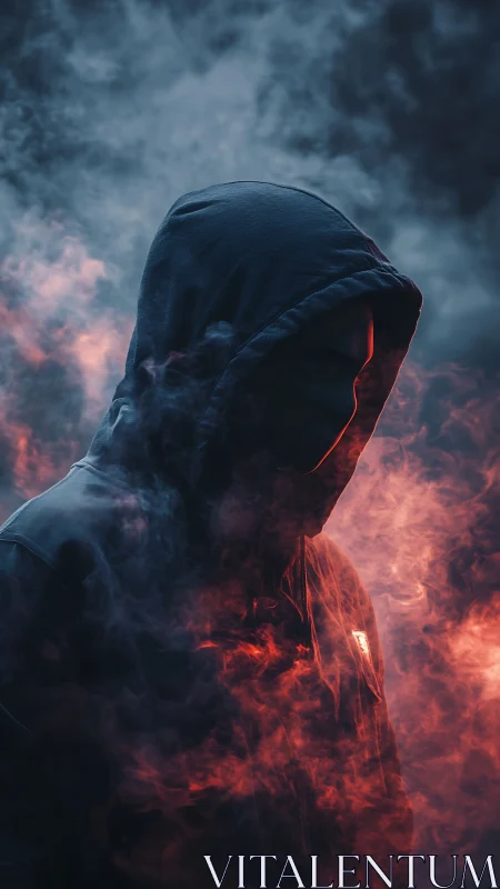 Mysterious hooded figure glows softly amid swirling red smoke