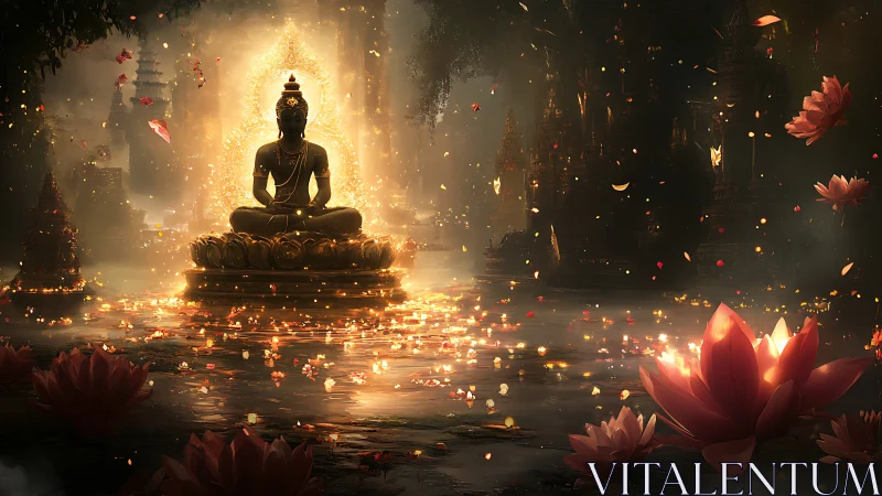 Golden lotus temple glows around a serene meditating figure