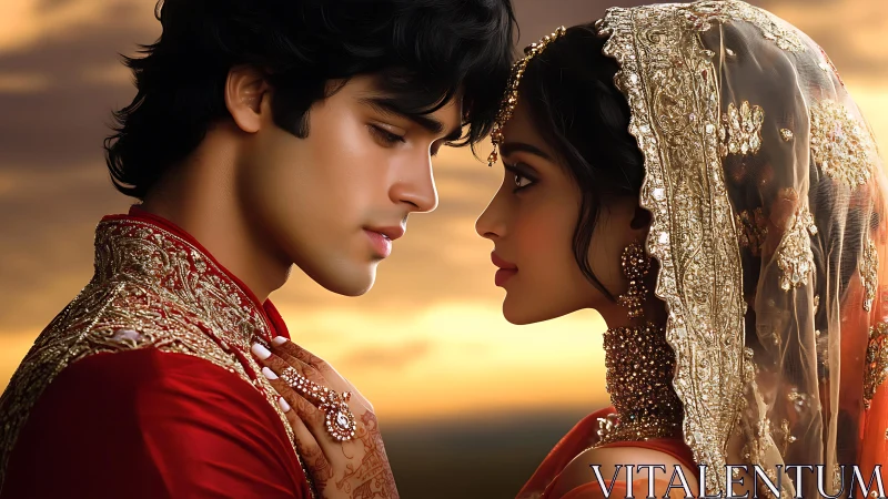 Bride and Groom in Traditional Wedding Attire at Golden Sunset