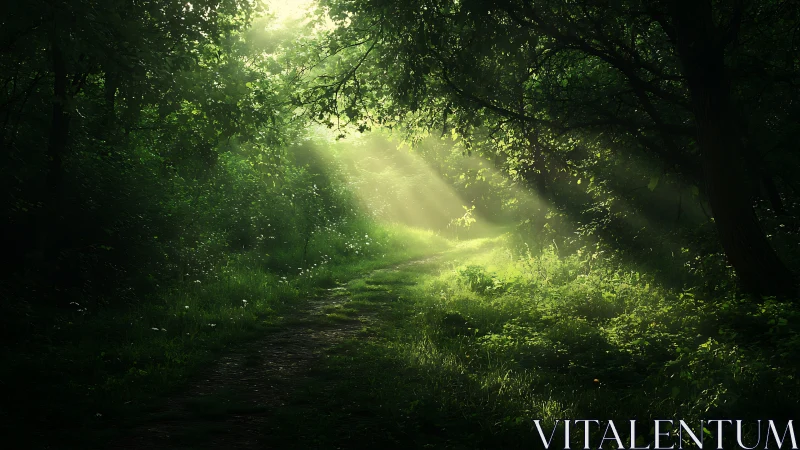 Sunbeams Illuminate Forest Path in Lush Green Woodland Scene.