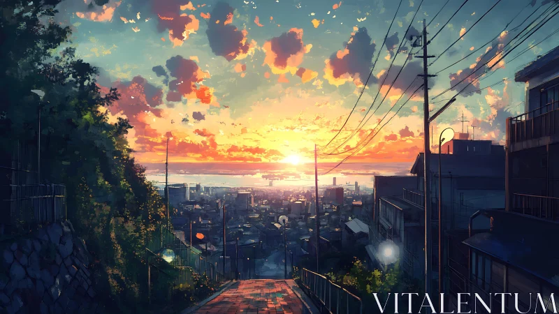 Digital painting sunset over hillside city street perspective.