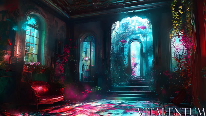 Overgrown interior hall with vivid aquatic light effects.