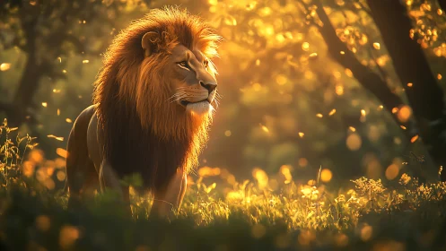 Golden sunlight wraps a majestic lion in peaceful forest glow