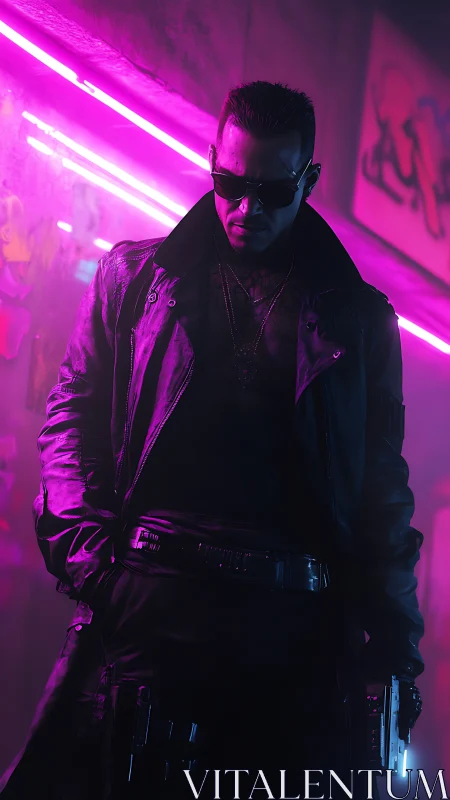 Cybernetic enforcer in neon corridor under magenta rim light.
