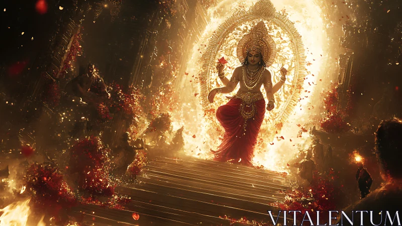 Radiant goddess ascending through cascading golden firestorm.