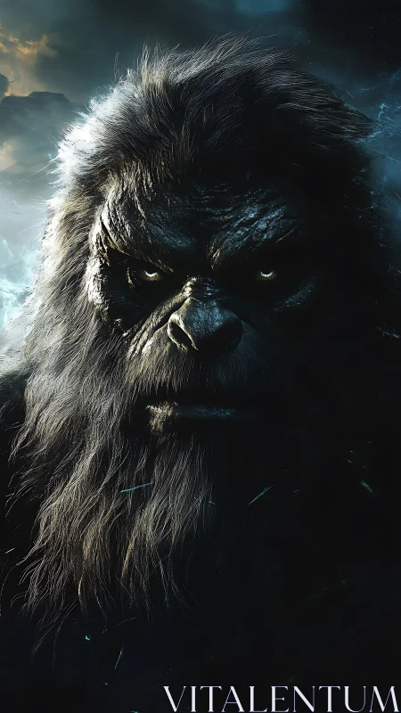 Stormlit guardian gorilla meets your gaze with fierce calm