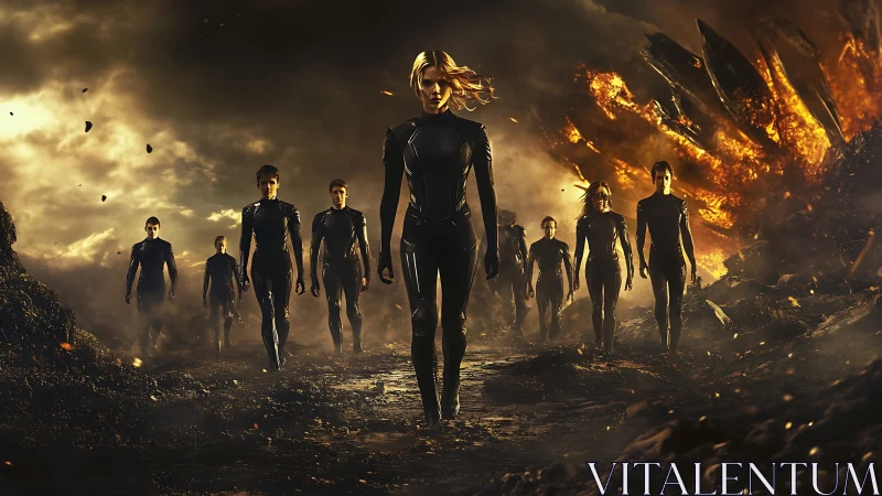 Futuristic squad walks from fiery explosion on wasteland.