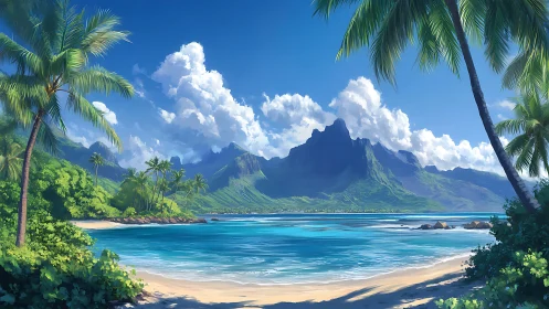 Tropical Paradise Beach with Mountain Vista.