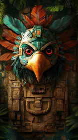Plumed jungle guardian mask with blazing obsidian eyes.