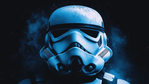 Galactic trooper helmet in moody blue cosmic lighting.