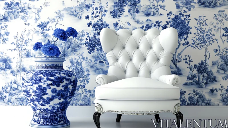White tufted armchair with blue chinoiserie vase and wallpaper