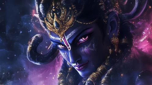 Cosmic blue deity gazes through swirling violet starlight.
