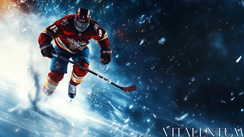 Blazing hockey striker carves sparks through frozen starlight.