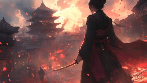 Warrior surveys burning samurai city in blazing twilight.