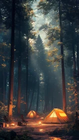 Nocturnal Forest Encampment with Bioluminescent Tent Illumination and Crepuscular Light Diffusion