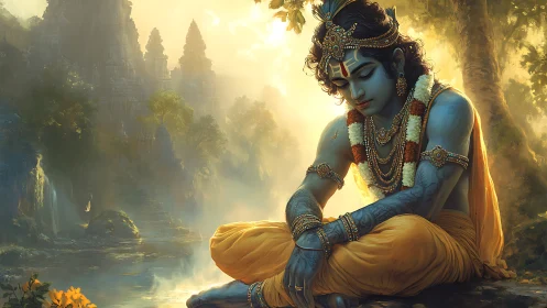 Gentle blue deity rests in golden forest morning light