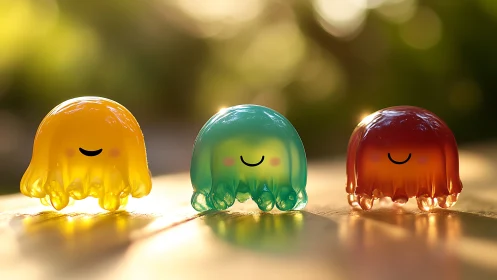 Three colorful jelly-like figures stand on a sunlit surface