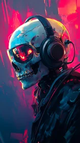 Cyberpunk skull DJ with neon visor and oversized headphones