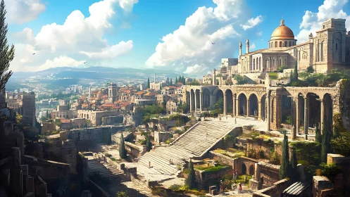 Sunlit hilltop city unfolds around grand stone terraces