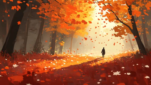 Solitary Figure in Autumn Forest Pathway.