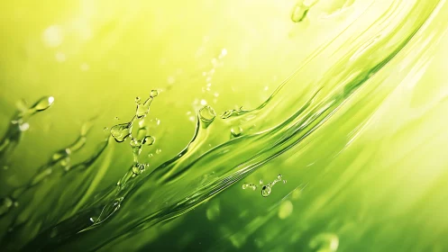 Green liquid splash in motion with bright light background.