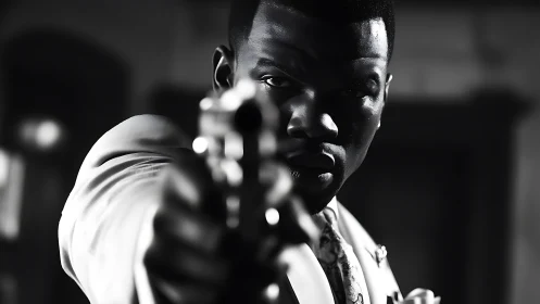 High-contrast noir close-up of man aiming handgun at camera