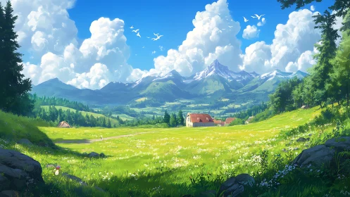 Sunlit mountain valley opens into a bright, peaceful meadow