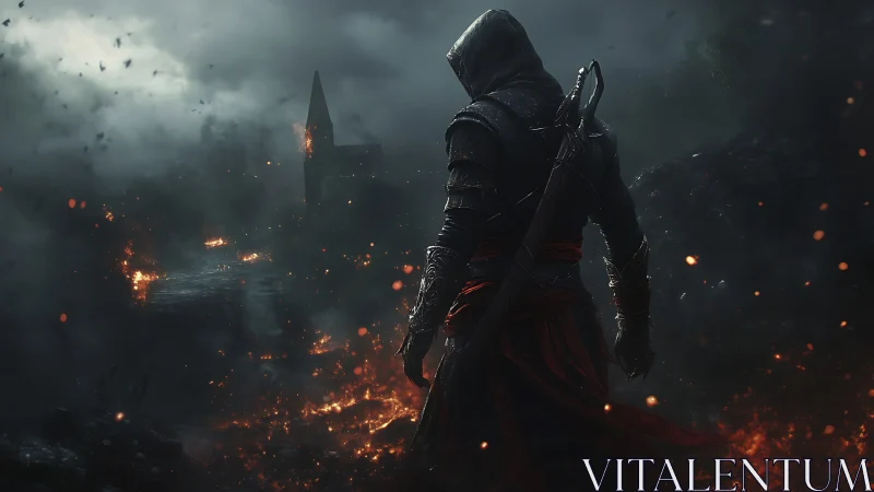 Hooded armed figure overlooking burning ruined landscape.