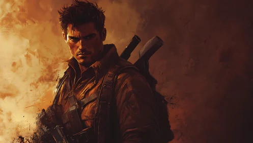 Battle-hardened survivor stands against burning dusk sky.