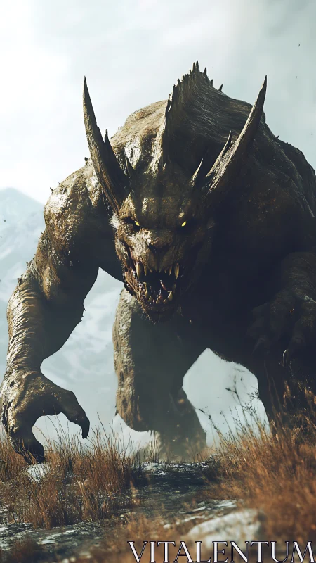 Mountain trail encounter with a towering fantasy beast.