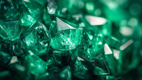 Macro emerald crystals with faceted geometric surfaces.