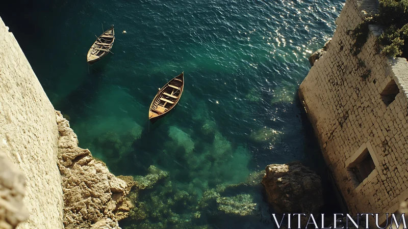 Sunlit boats drift quietly beside rugged stone sea walls