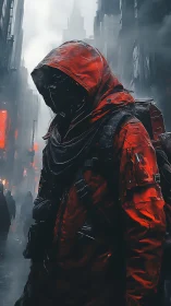 Hooded figure in red gear stands in dense urban fog