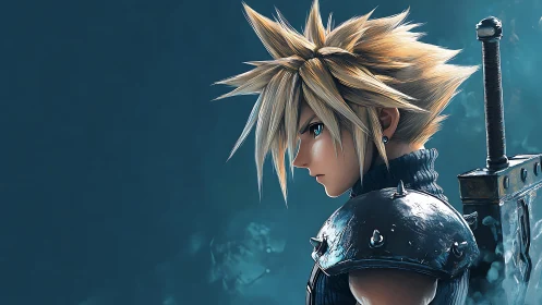 Spiky-haired warrior profile with massive sword poised