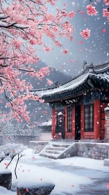 Snowy temple courtyard beneath blooming cherry branches.