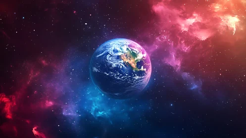Earth floats in vibrant nebula space with luminous starfield